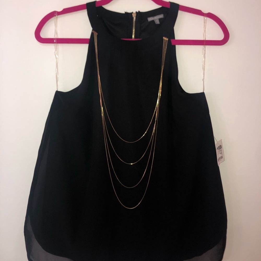 Black Flowy Tank Blouse with Gold Chain Accents